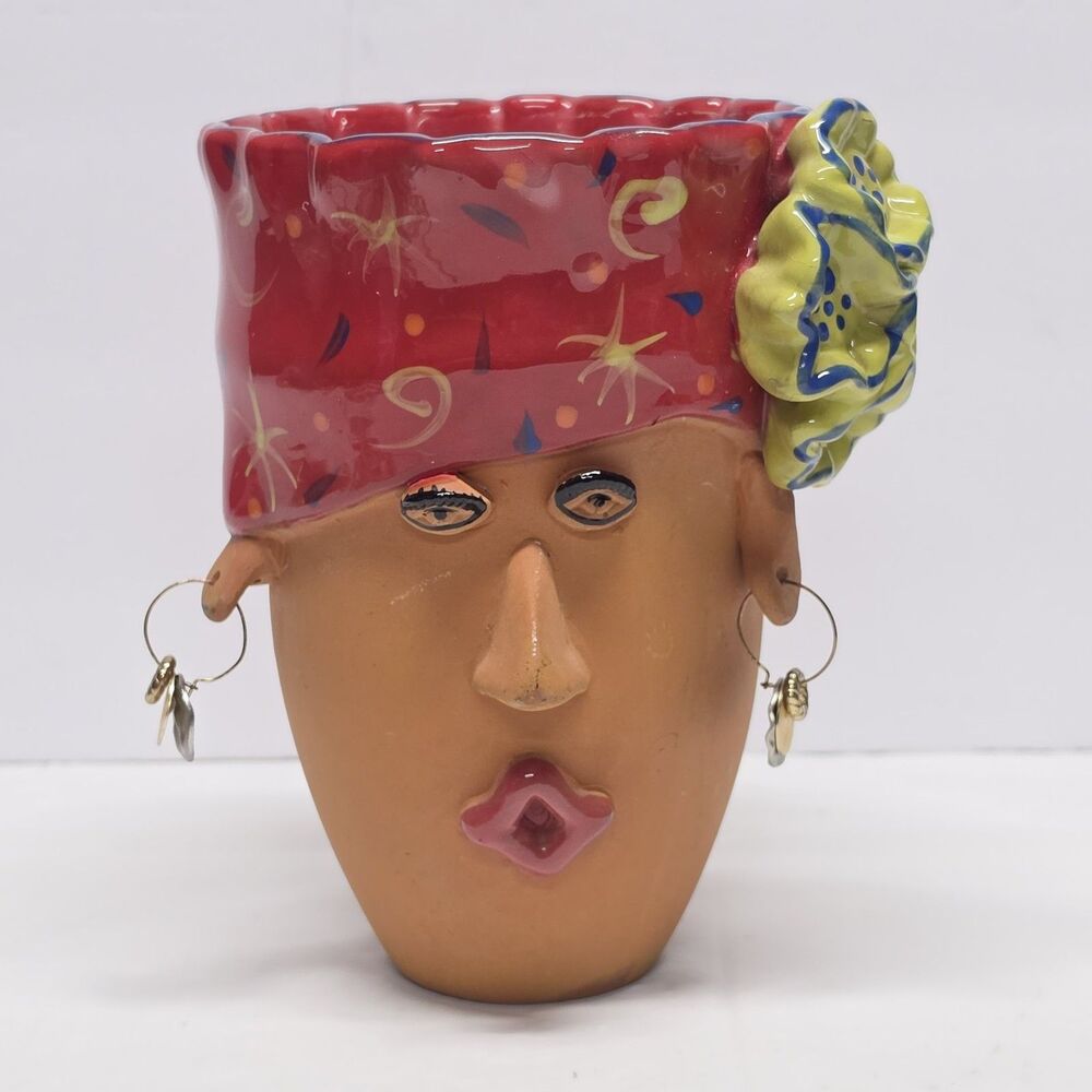 Bird Brain Lady Head Planter Vase 7" Terra Cotta 2005 Figural Woman Unique Fun